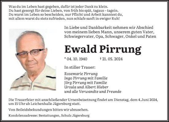 Traueranzeige von Ewald Pirrung von saarbruecker_zeitung