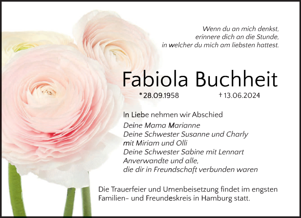  Traueranzeige für Fabiola Buchheit vom 22.06.2024 aus saarbruecker_zeitung