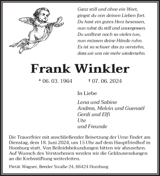 Traueranzeige von Frank Winkler von saarbruecker_zeitung