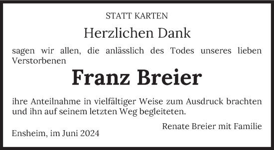 Traueranzeige von Franz Breier von saarbruecker_zeitung