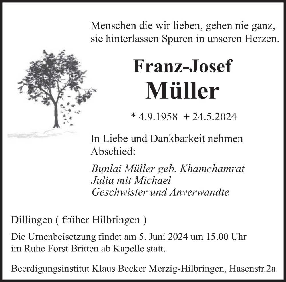  Traueranzeige für Franz-Josef Müller vom 01.06.2024 aus saarbruecker_zeitung