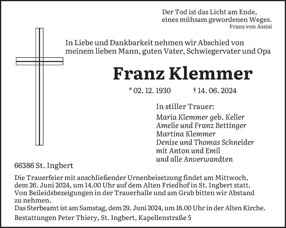  Traueranzeige für Franz Klemmer vom 22.06.2024 aus saarbruecker_zeitung