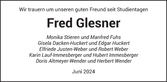 Traueranzeige von Fred Glesner von saarbruecker_zeitung