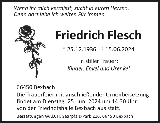 Traueranzeige von Friedrich Flesch von saarbruecker_zeitung