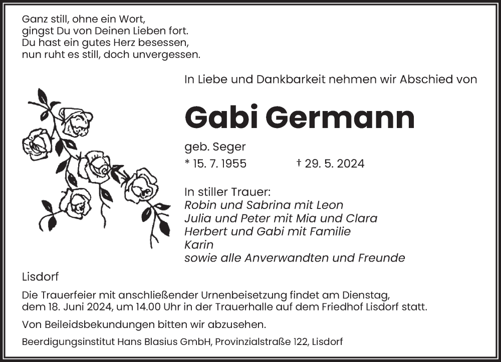  Traueranzeige für Gabi Germann vom 08.06.2024 aus saarbruecker_zeitung