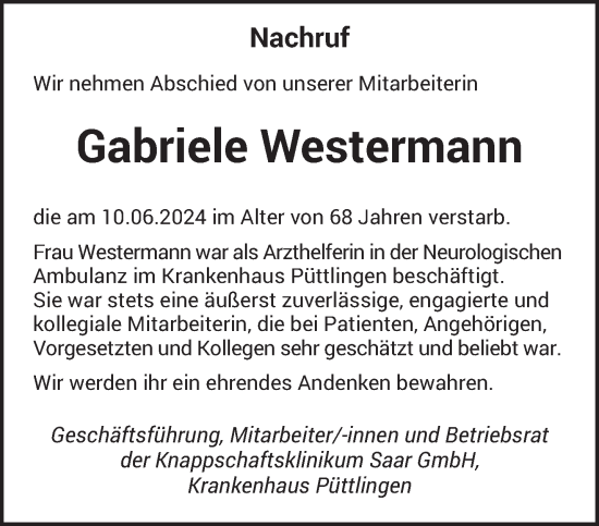 Traueranzeige von Gabriele Westermann von saarbruecker_zeitung