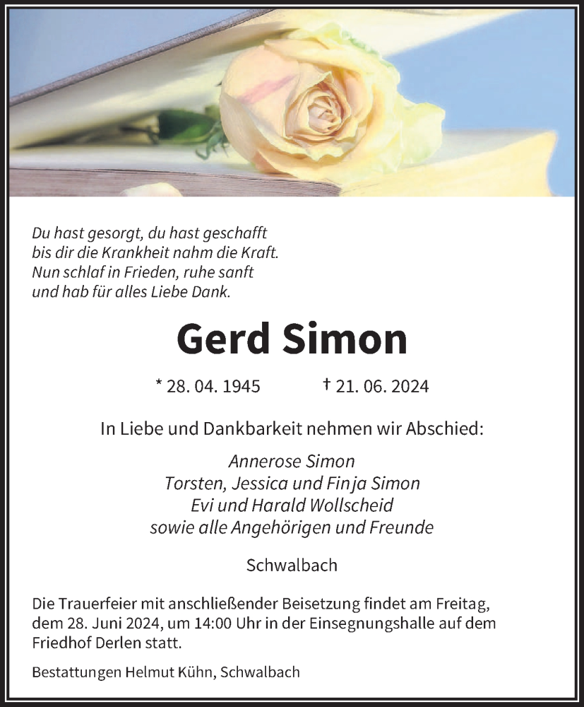  Traueranzeige für Gerd Simon vom 26.06.2024 aus saarbruecker_zeitung