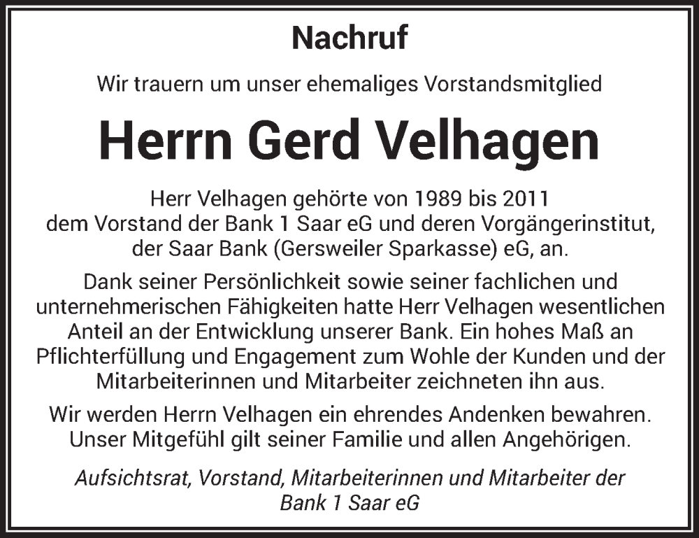  Traueranzeige für Gerd Velhagen vom 29.06.2024 aus saarbruecker_zeitung