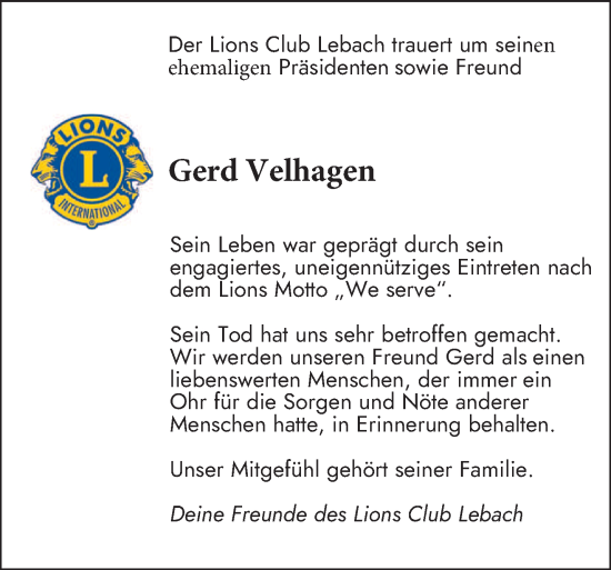 Traueranzeige von Gerd Velhagen von saarbruecker_zeitung