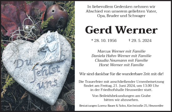Traueranzeige von Gerd Werner von saarbruecker_zeitung