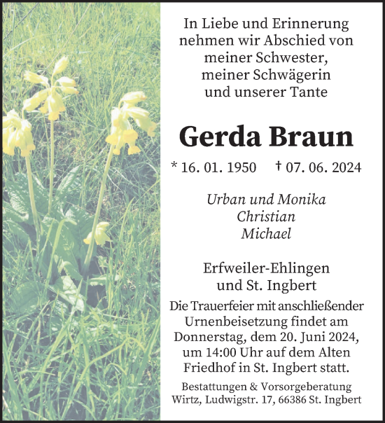 Traueranzeige von Gerda Braun von saarbruecker_zeitung