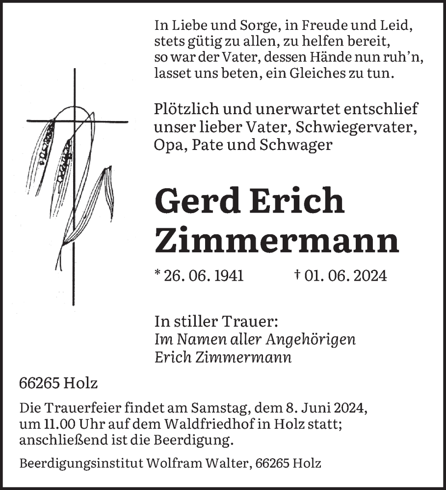  Traueranzeige für Gerd Erich Zimmermann vom 06.06.2024 aus saarbruecker_zeitung