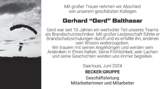 Traueranzeige von Gerhard Balthasar von saarbruecker_zeitung
