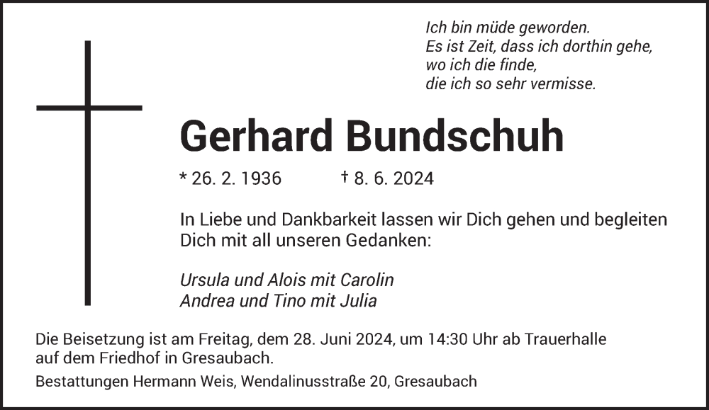  Traueranzeige für Gerhard Bundschuh vom 22.06.2024 aus saarbruecker_zeitung