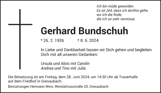 Traueranzeige von Gerhard Bundschuh von saarbruecker_zeitung