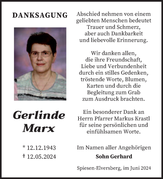 Traueranzeige von Gerlinde Marx von saarbruecker_zeitung