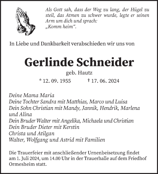 Traueranzeige von Gerlinde Schneider von saarbruecker_zeitung