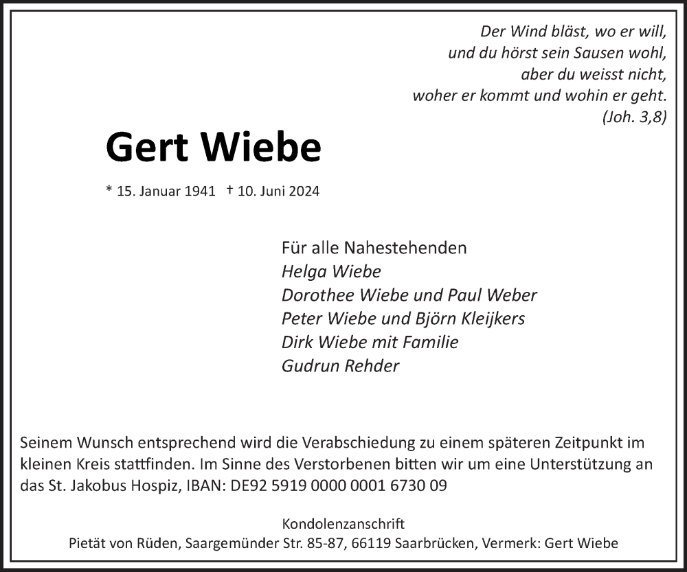  Traueranzeige für Gert Wiebe vom 15.06.2024 aus saarbruecker_zeitung