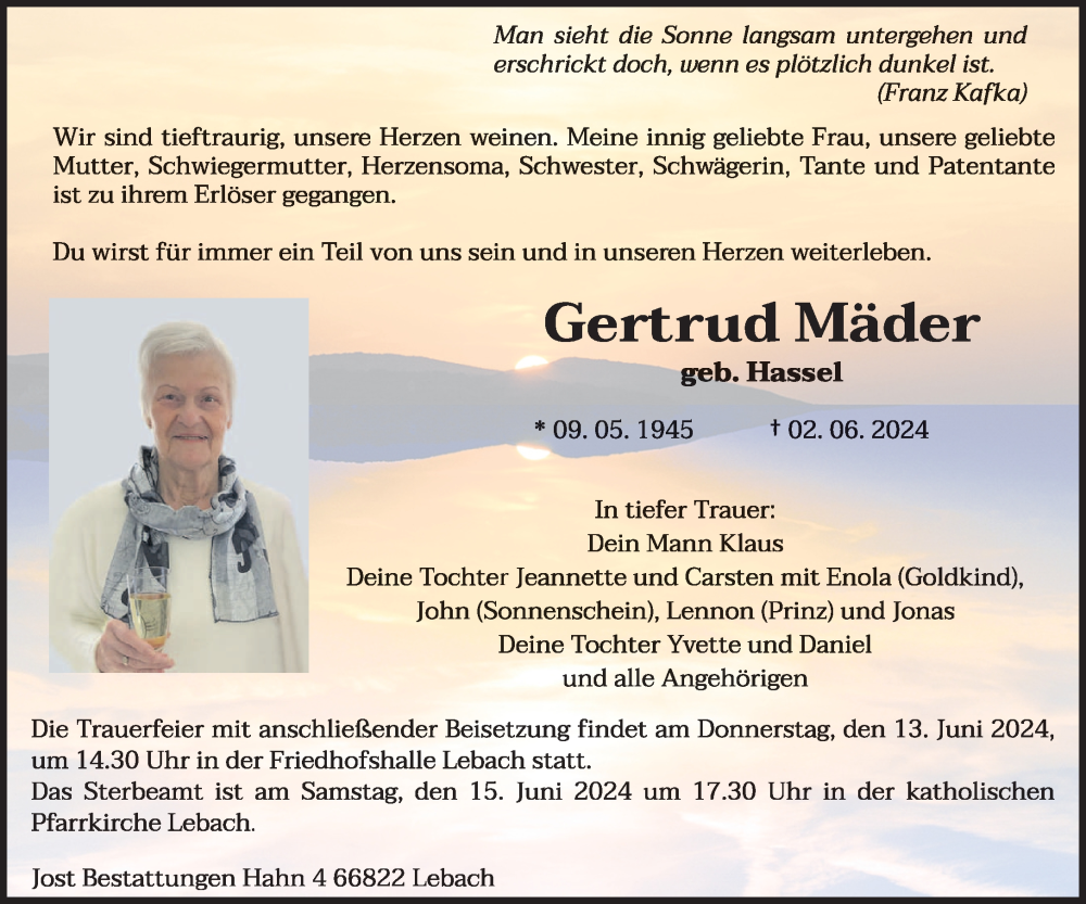  Traueranzeige für Gertrud Mäder vom 08.06.2024 aus saarbruecker_zeitung