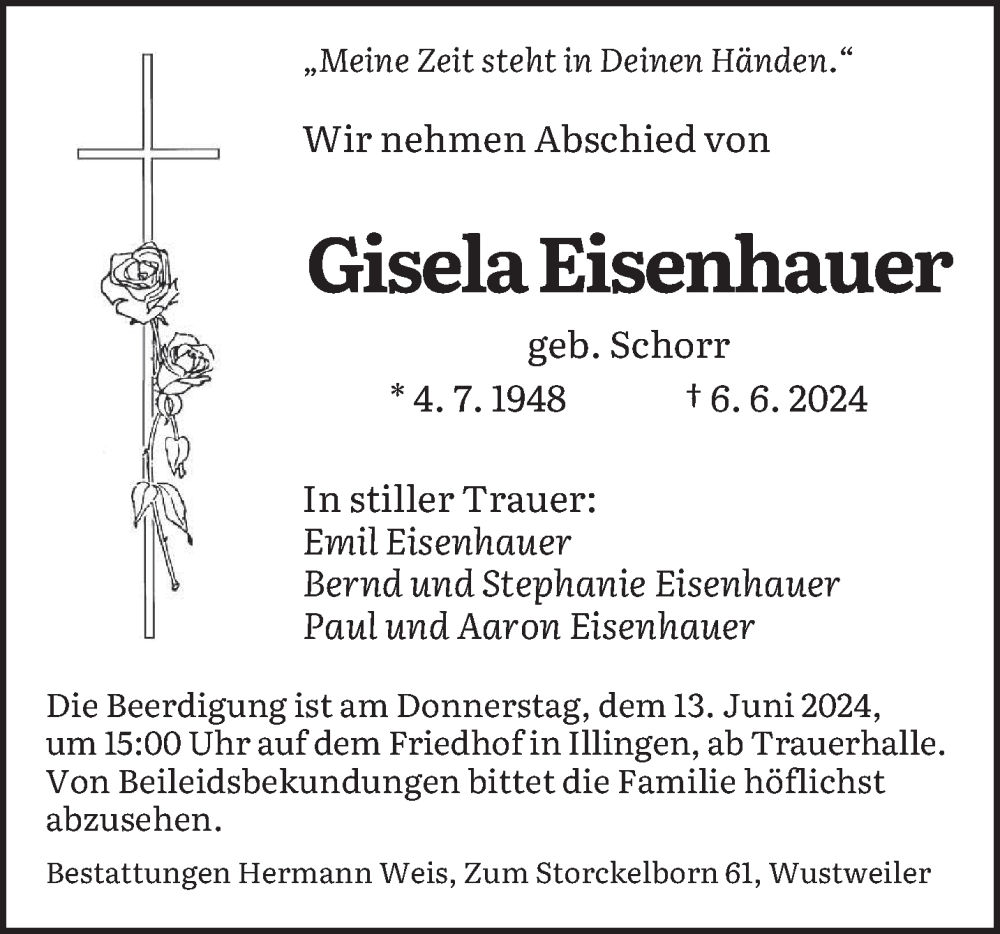  Traueranzeige für Gisela Eisenhauer vom 08.06.2024 aus saarbruecker_zeitung