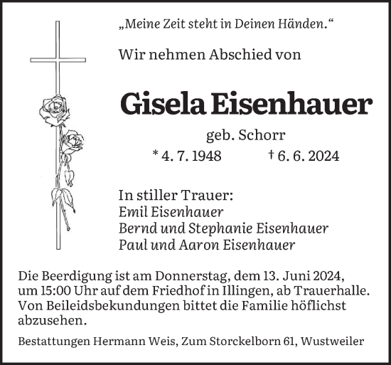 Traueranzeige von Gisela Eisenhauer von saarbruecker_zeitung