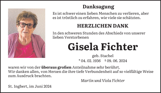 Traueranzeige von Gisela Fichter von saarbruecker_zeitung