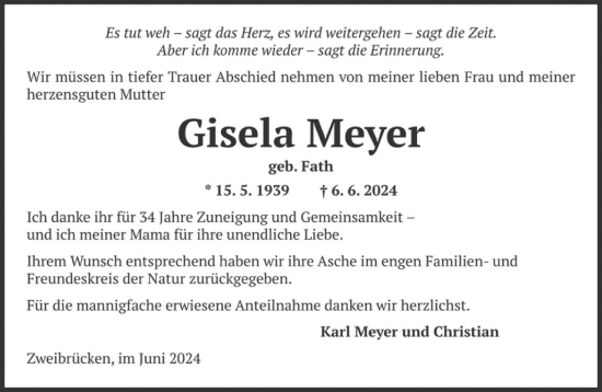 Traueranzeige von Gisela Meyer von saarbruecker_zeitung
