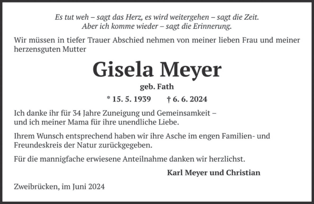  Traueranzeige für Gisela Meyer vom 27.06.2024 aus saarbruecker_zeitung