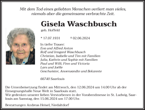 Traueranzeige von Gisela Waschbusch von saarbruecker_zeitung