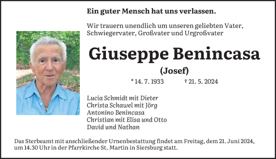 Traueranzeige von Giuseppe Benincasa von saarbruecker_zeitung