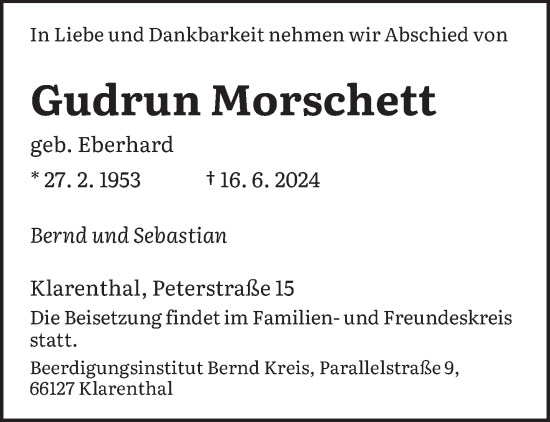 Traueranzeige von Gudrun Morschett von saarbruecker_zeitung