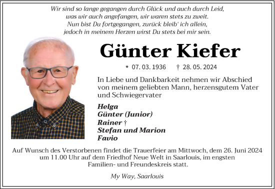 Traueranzeige von Günter Kiefer von saarbruecker_zeitung