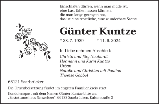 Traueranzeige von Günter Kuntze von saarbruecker_zeitung