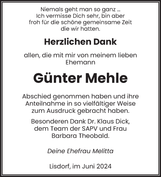 Traueranzeige von Günter Mehle von saarbruecker_zeitung