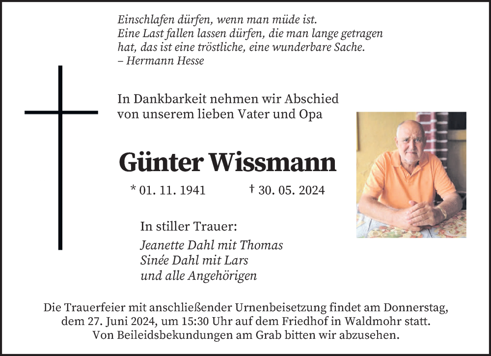  Traueranzeige für Günter Wissmann vom 22.06.2024 aus saarbruecker_zeitung