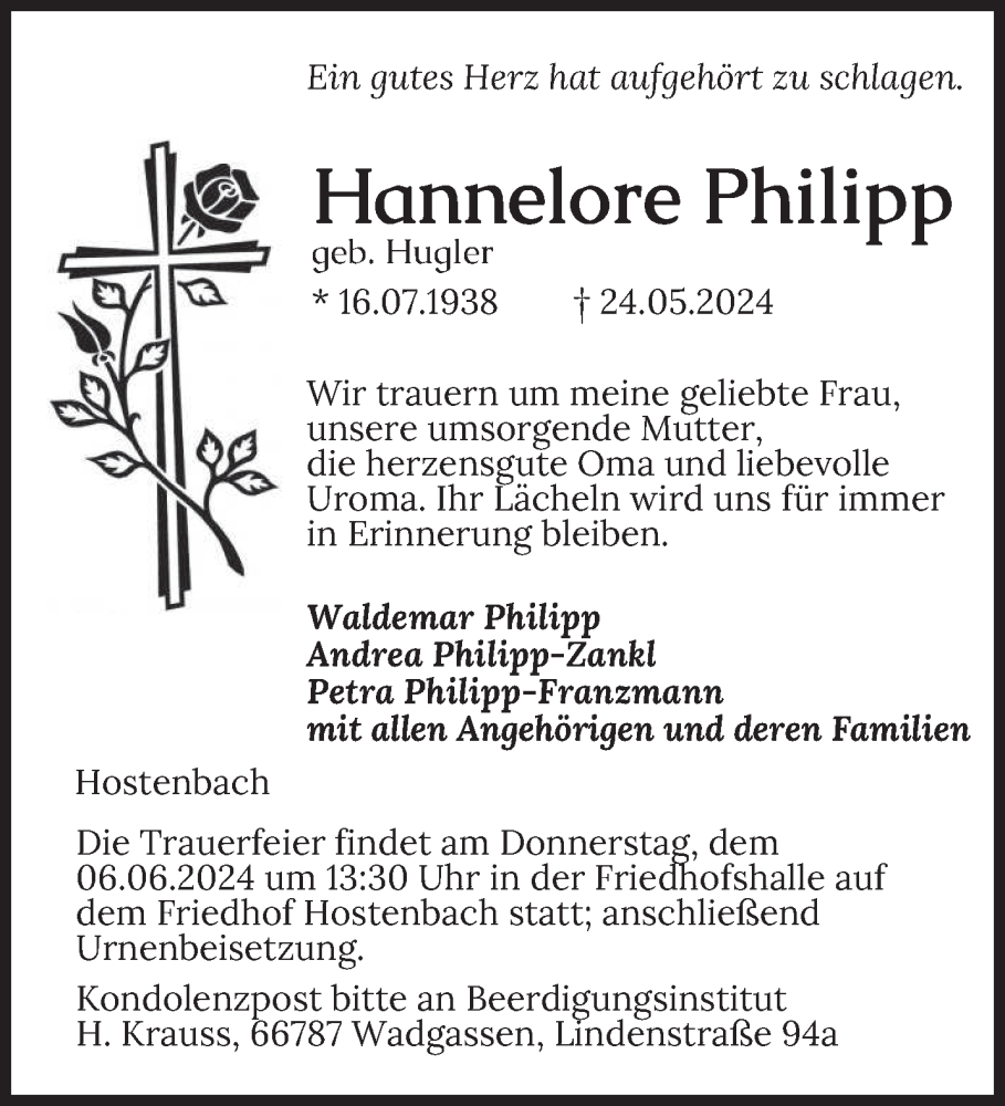  Traueranzeige für Hannelore Philipp vom 01.06.2024 aus saarbruecker_zeitung