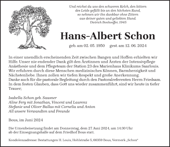 Traueranzeige von Hans-Albert Schon von saarbruecker_zeitung