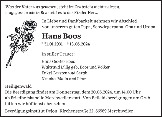 Traueranzeige von Hans Boos von saarbruecker_zeitung