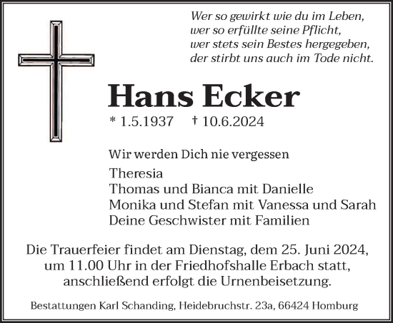 Traueranzeige von Hans Ecker von saarbruecker_zeitung