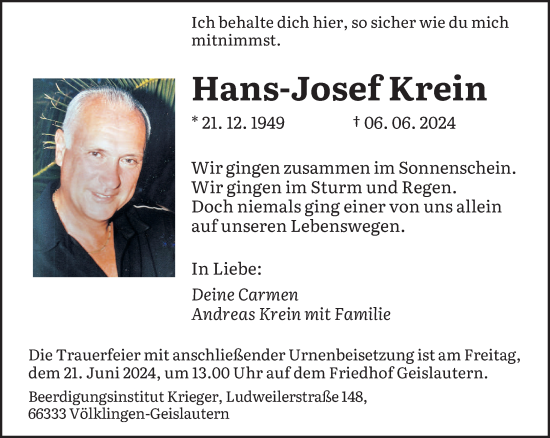 Traueranzeige von Hans-Josef Krein von saarbruecker_zeitung