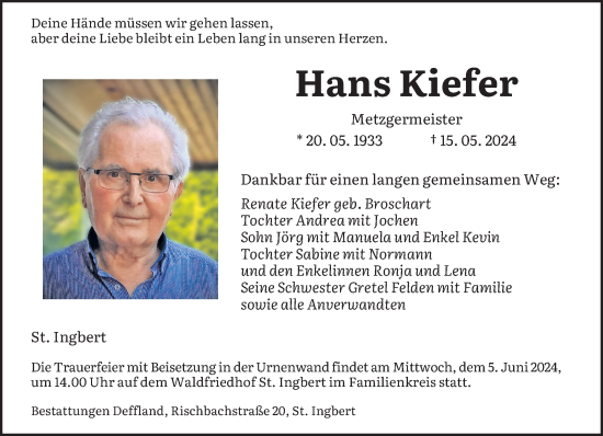 Traueranzeige von Hans Kiefer von saarbruecker_zeitung