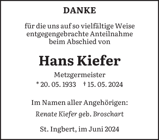 Traueranzeige von Hans Kiefer von saarbruecker_zeitung