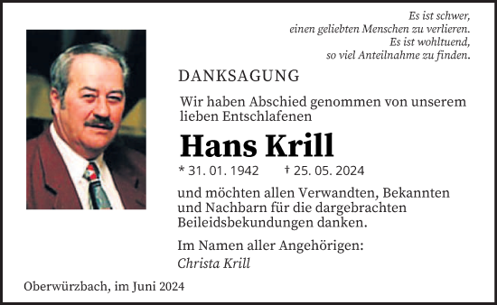 Traueranzeige von Hans Krill von saarbruecker_zeitung