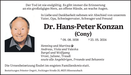 Traueranzeige von Hans-Peter Konzan von saarbruecker_zeitung
