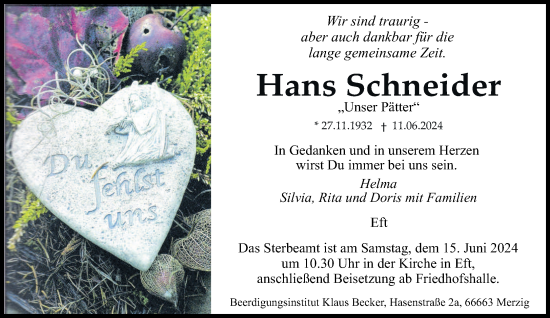 Traueranzeige von Hans Schneider von saarbruecker_zeitung