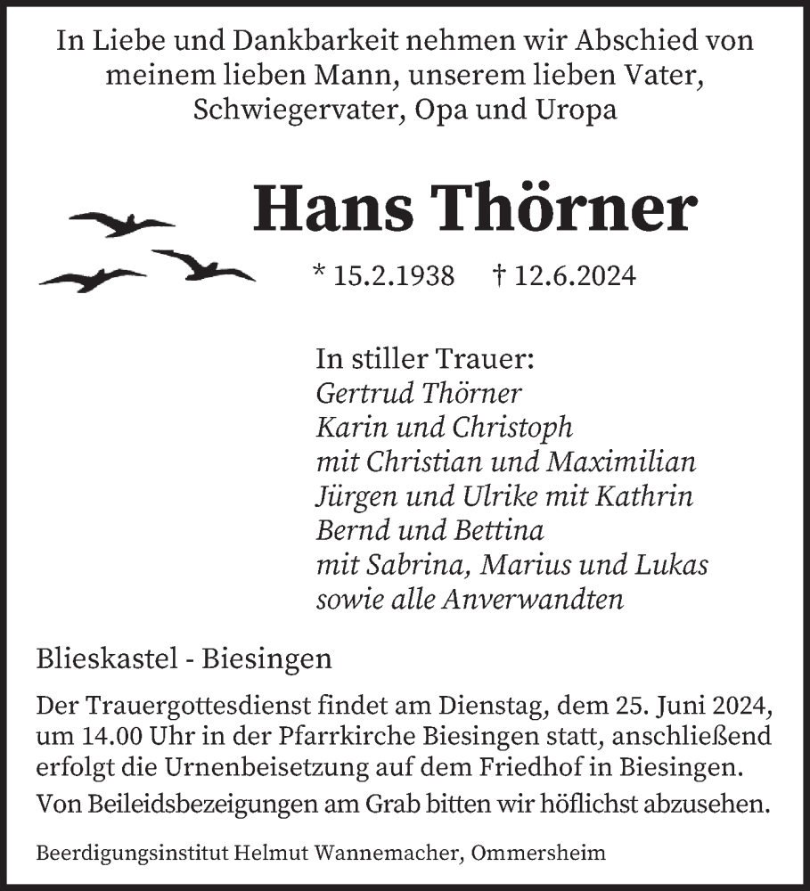  Traueranzeige für Hans Thörner vom 15.06.2024 aus saarbruecker_zeitung