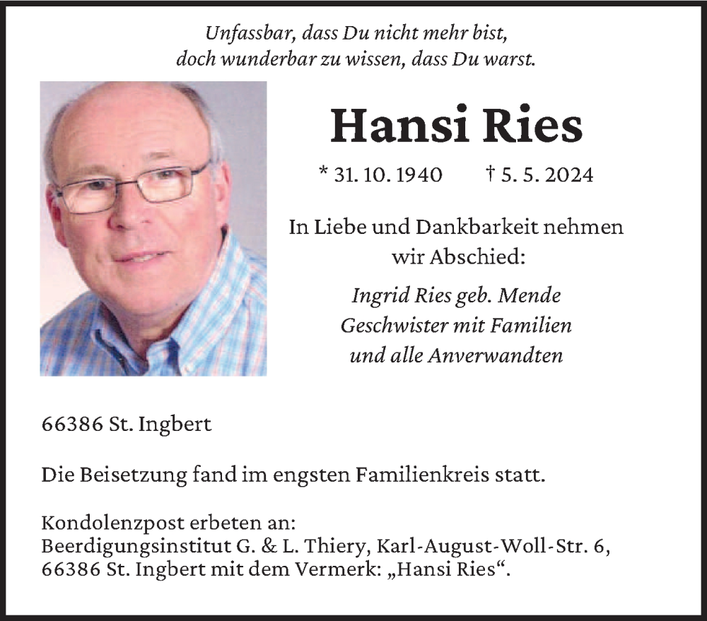  Traueranzeige für Hansi Ries vom 08.06.2024 aus saarbruecker_zeitung