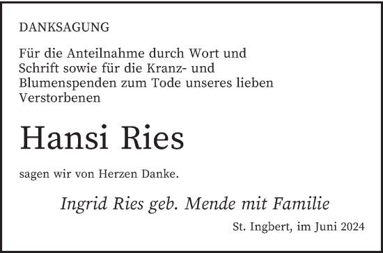 Traueranzeige von Hansi Ries von saarbruecker_zeitung