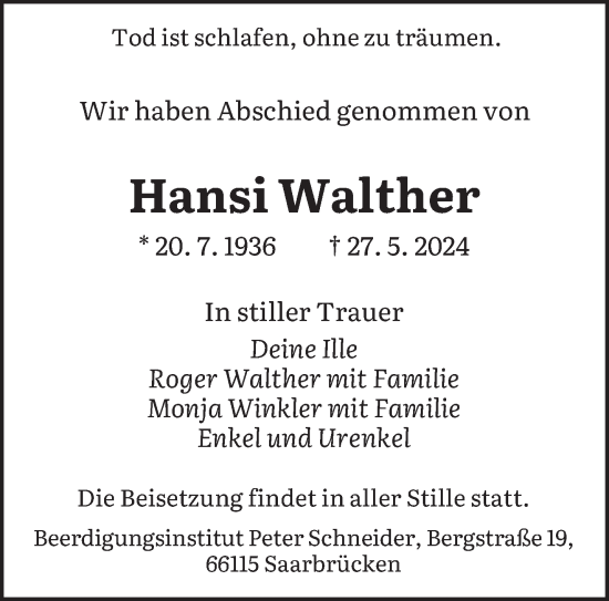 Traueranzeige von Hansi Walther von saarbruecker_zeitung