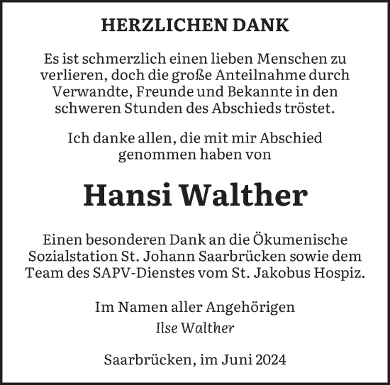 Traueranzeige von Hansi Walther von saarbruecker_zeitung